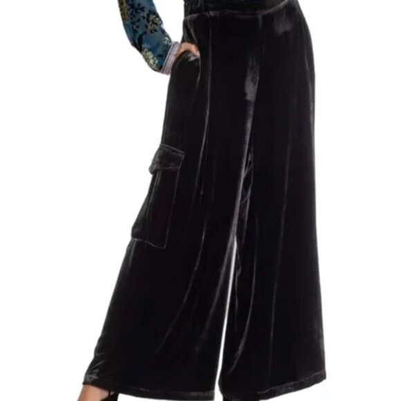 Johnny Was Zatima Black Silk Velvet Wide Leg Cargo Pants Boho Chic XL $318
